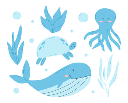 Set of sea animals and algae in flat style. Vector illustration. Hand drawn collection of cute sea animals.のイラスト素材