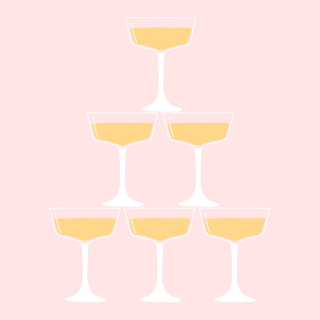A glass of champagne. Vector illustration. Isolated glass with bubbling champagne. Champagne tower or pyramid.のイラスト素材