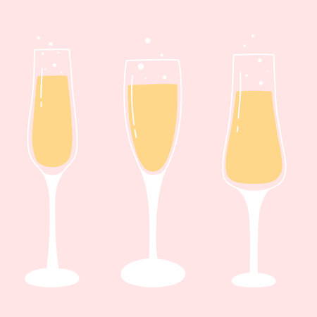 Set of glasses with champagne. Vector illustration. Collection of bubbling glasses of champagne. Flat style.のイラスト素材