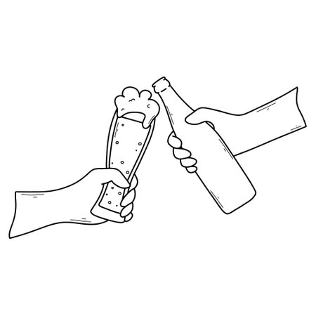 Glass of beer in hand. Bottle of beer in hand. Vector illustration. Oktoberfest celebration in doodle style.のイラスト素材