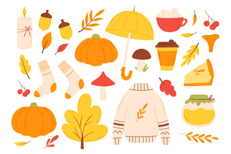 Set of autumn elements in a flat style. Hand drawn hello autumn collection. Vector illustration.のイラスト素材