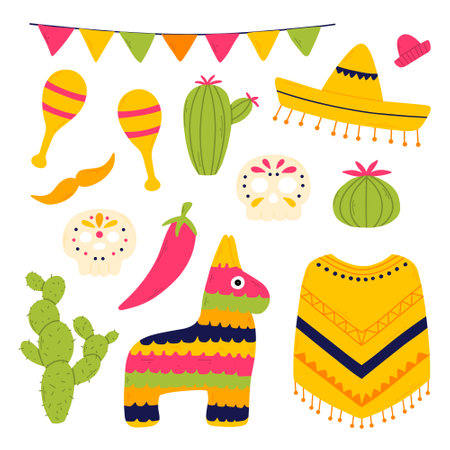 Set of mexican elements of skulls, pinato, sambrero, cacti isolated on white background. Vector illustration. Hand drawn collection of mexican elements.のイラスト素材