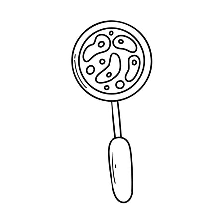 Vector magnifier with bacteria, microbes in doodle style isolated on white background. Linear magnifier.のイラスト素材