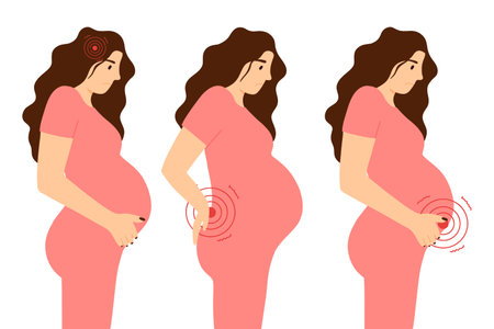 Set of pregnant women with back, stomach and head pain. Vector illustration. Collection of sad pregnant girls in pain.のイラスト素材