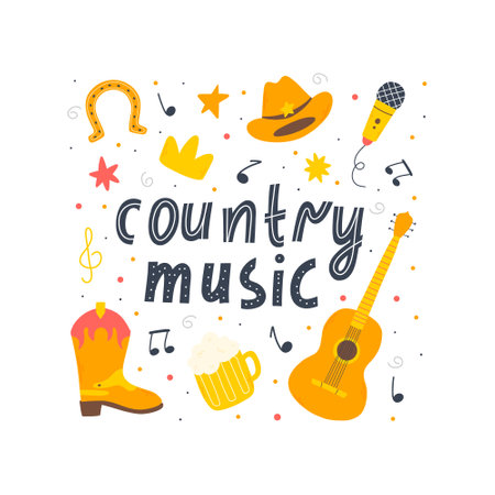 Country music concept. Set of country music elements in hand drawn style. Cowboy music vector illustration.のイラスト素材