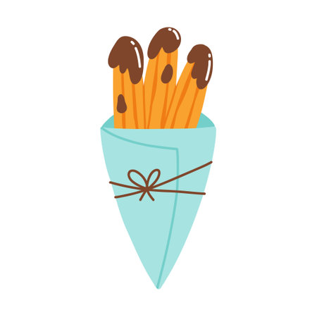 Churros in a paper bag. Mexican snack. Hand drawn flat vector illustration. Churros in chocolate in a cone.のイラスト素材