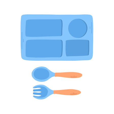 Set of silicone dishes for children vector. Baby tableware set, kids dish in flat style. The concept of the first tableware.のイラスト素材