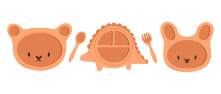Set of wooden utensils for children vector. Set of children's dishes, children's dish in flat style.のイラスト素材