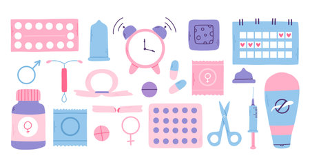 Types of contraception. Pills, calendar, patch, condom and coil. Vector illustration in a flat style. Poster with contraception. World contraception day.のイラスト素材