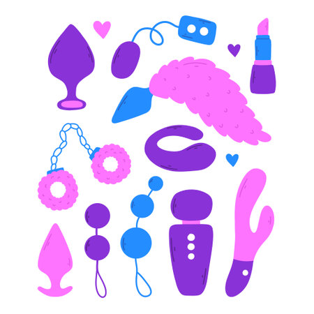 Set of sex toys. Collection of toys for adults. Vector illustration. Flat style. Sex shop set. Erotic elements set. BDSM toys.のイラスト素材