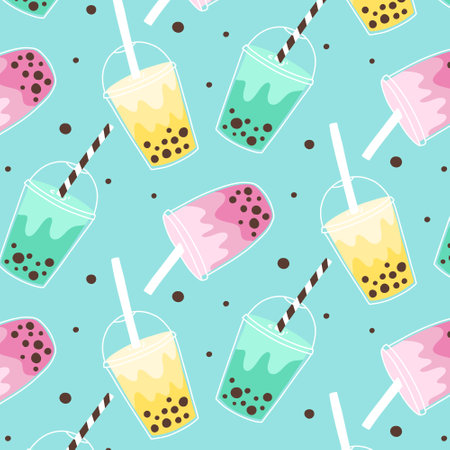 Seamless pattern with bubble tea. Hand drawn smoothie pattern. Vector illustration.のイラスト素材