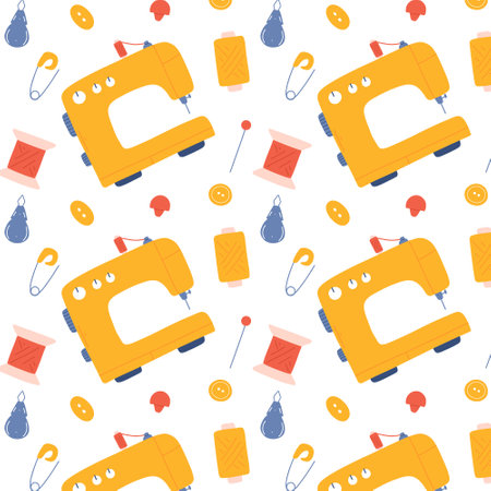 Seamless pattern with sewing tools. Pattern with sewing machine and thread. Vector illustration in hand drawn style.のイラスト素材