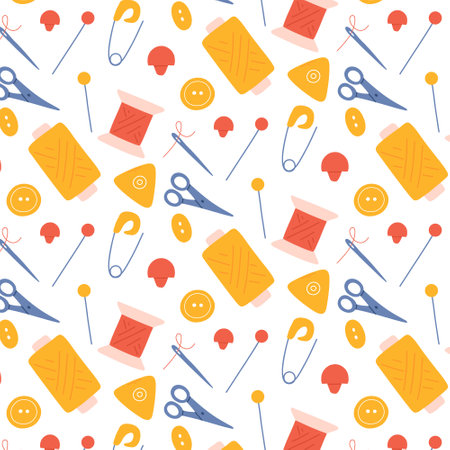 Seamless pattern with sewing tools. Hand-drawn pattern with threads, needles and pins. Vector illustration.のイラスト素材
