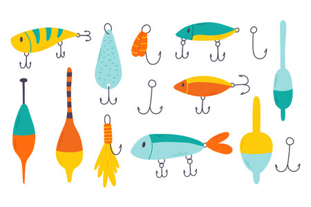 Set of fishing tackles. Hand drawn collection of fishing tackles and floats isolated on a white background. Vector illustration.のイラスト素材
