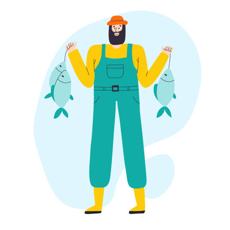 A man catches fish. Fishing concept. Happy male fisherman with a catch. Hand drawn vector illustration.のイラスト素材
