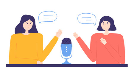 Podcast concept. Women recording a podcast. Radio presenters Women. Vector illustration.のイラスト素材