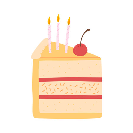 Piece of cake with candles isolated on white background. Hand drawn birthday cake. Vector...