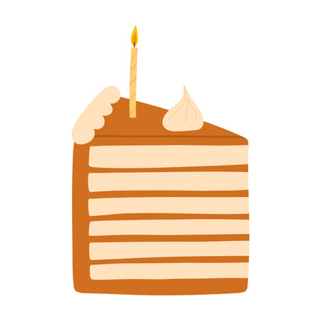 Piece of cake with candles isolated on white background. Hand drawn birthday cake. Vector...