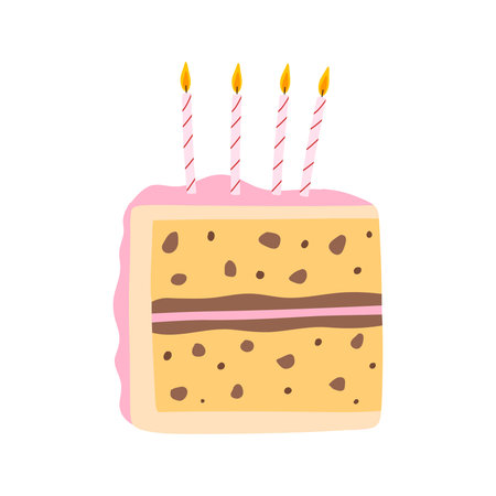 Piece of cake with candles isolated on white background. Hand drawn birthday cake. Vector...