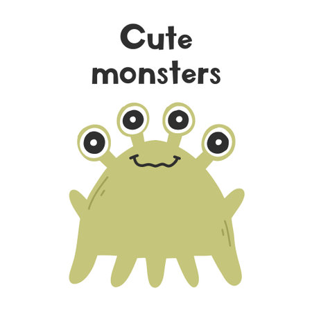 Kids poster, card or postcard with a monster. Monster with lettering. Kids vector illustration.のイラスト素材