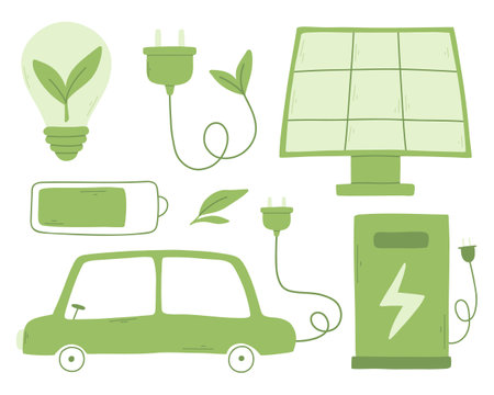 Set of green energy elements. Collection of environmental elements. Electric car, solar battery, station, light bulb. Vector illustration.のイラスト素材