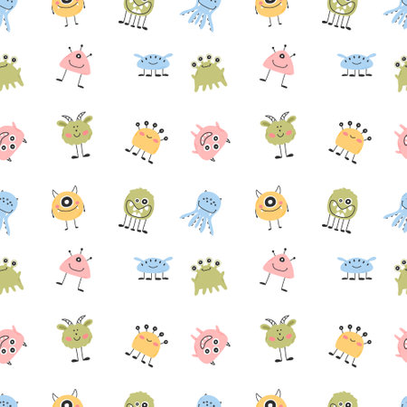 Childish seamless pattern with cute monster. Vector illustration. Kids print in Scandinavian style.のイラスト素材