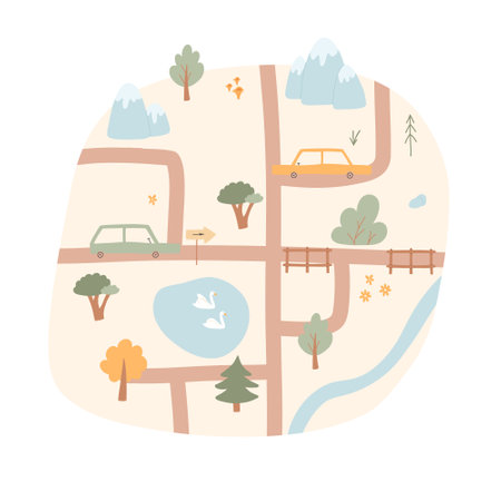 Kids city map. Vector illustration of a city map with cars, mountains, trees. Hand-drawn illustration for a childrens room.のイラスト素材