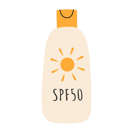 Sunscreen, lotion with SPF. Sun protection and sun safety. Sunscreen, lotion with SPF. Sunscreen lotion isolated. hand drawn vector illustration. Flat style.のイラスト素材