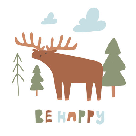 Hand-drawn kids print with elk and Christmas trees. Forest print. Vector illustration of a moose in the forest.のイラスト素材