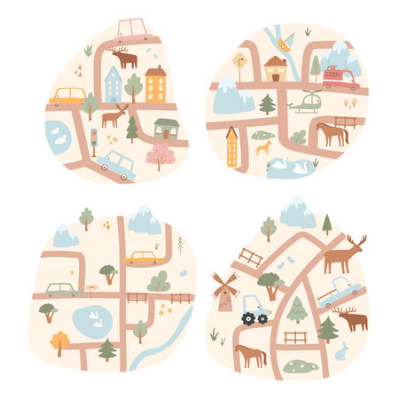 Set of kids city map. Vector illustration of a city map with cars, mountains, trees. Hand drawn illustration for kids room.のイラスト素材