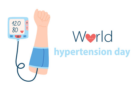 World Hypertension Day. Blood pressure measurement. Hand with a tonometer. Vector illustration.のイラスト素材
