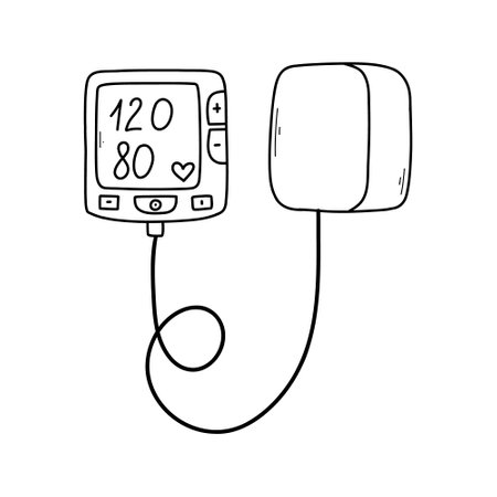 Blood pressure measurement. Electronic tonometer. Hypertension vector illustration isolated on white background.のイラスト素材