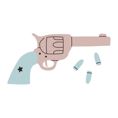 Revolver with bullets isolated on a white background. Handgun vector illustration. Hand drawn style.のイラスト素材