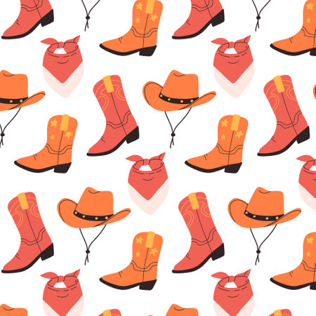 Seamless pattern with cowboy hat and boots. Wild west vector print. Cowboy pattern in hand drawn flat style.のイラスト素材