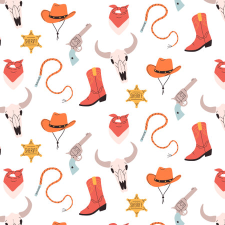 Wild west seamless pattern in hand drawn style. Pattern with a revolver, cowboy hat, boots, whip and bull skull. Vector illustration.のイラスト素材