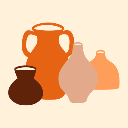 Pottery vases and jugs isolated on a white background. Boho ceramic jugs and vases. Vector illustration.のイラスト素材