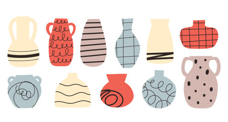 Set of abstract ceramic vases. Modern pottery abstract vases. Drawn jugs. Vector illustration.のイラスト素材