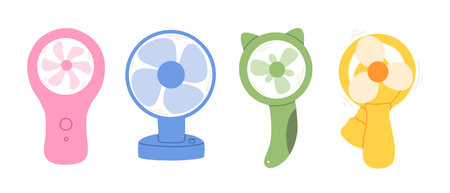Set of table fan hand fan in flat style. Modern vector illustration of an electric fan.のイラスト素材