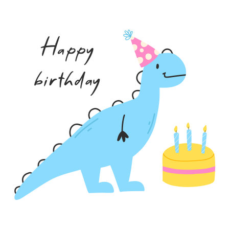 Happy birthday card with dinosaur. Cute illustration with dino and cake.のイラスト素材