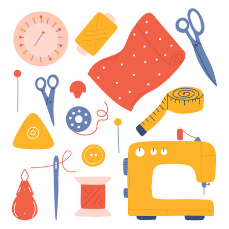Set of sewing tools. Hand drawn collection of sewing elements. Sewing machine, needle, scissors, thread.のイラスト素材