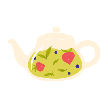 Teapot with green tea. Herbal tea in a glass teapot. Vector illustration. Isolated illustration on a white background.のイラスト素材