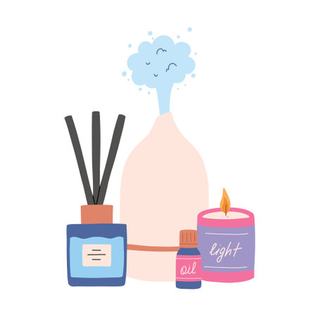 Vector illustration of aroma diffuser, candle and aroma oil.のイラスト素材