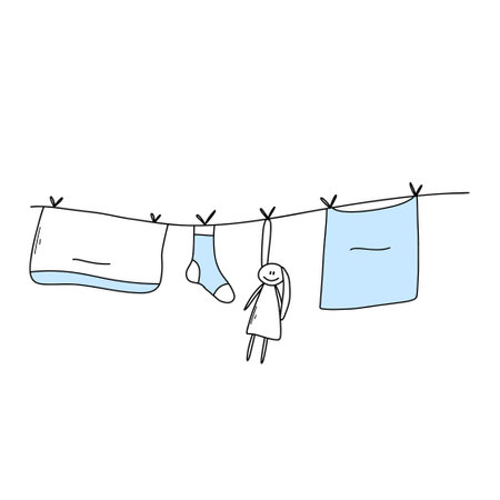 Clothes on a rope in doodle style. Vector illustration. Clean clothes dry on a line.のイラスト素材