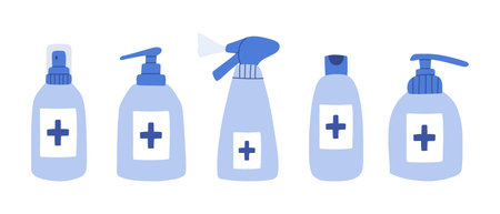 Set of bottles with antiseptic, gel, soap or sanitizer. Collection of antiseptic bottles. Vector illustration. Flat style.のイラスト素材