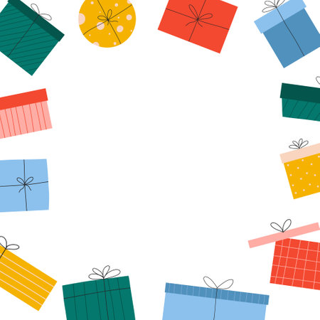 Template with gifts and place for text. Greeting card for birthday and new proud with textbox. Vector illustration. Banner with empty space for text.のイラスト素材