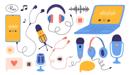 Hand drawn set of podcast elements. Collection of headphones and microphones. Vector illustration of technology for a podcast.のイラスト素材