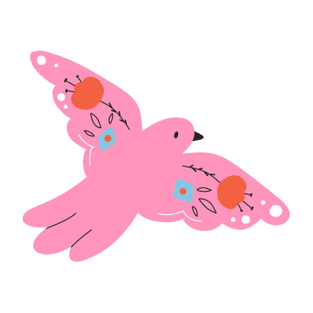 Sweet bird in folk style. Cute bird with flowers in folk style. Vector illustration. Flat style.のイラスト素材