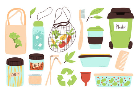 Zero waste set. Collection of environmental elements. Vector illustration.Flat style. Recyclable bio items.のイラスト素材