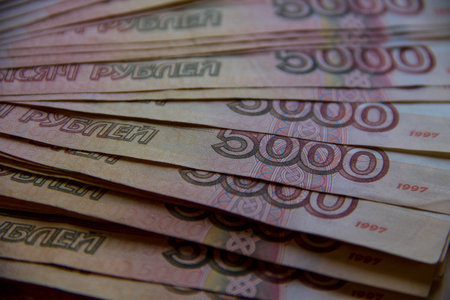 Heap of five thousand russian rubles banknotes as background
