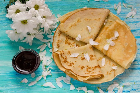 Shrove Tuesday, pancake day, Breakfast, top view,  bouquet of daisiesの写真素材